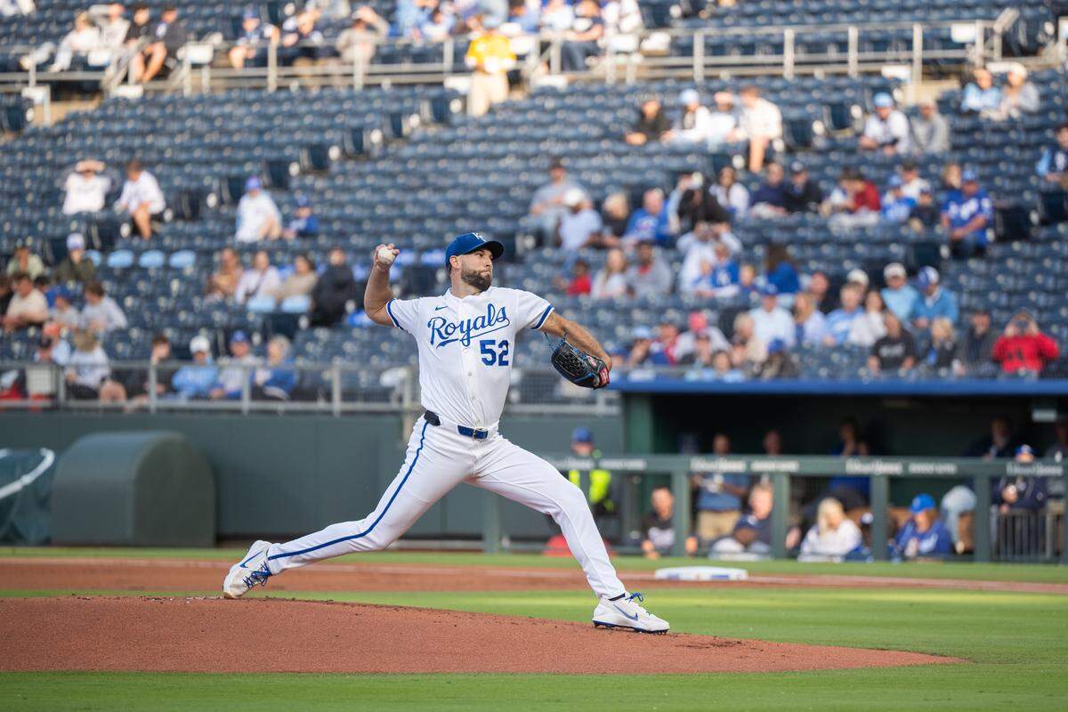 Kansas City Royals pitcher Michael Wacha delivers during a game against the Boston Red Sox on Wednesday, May 20, 2026, at Kauffman Stadium.