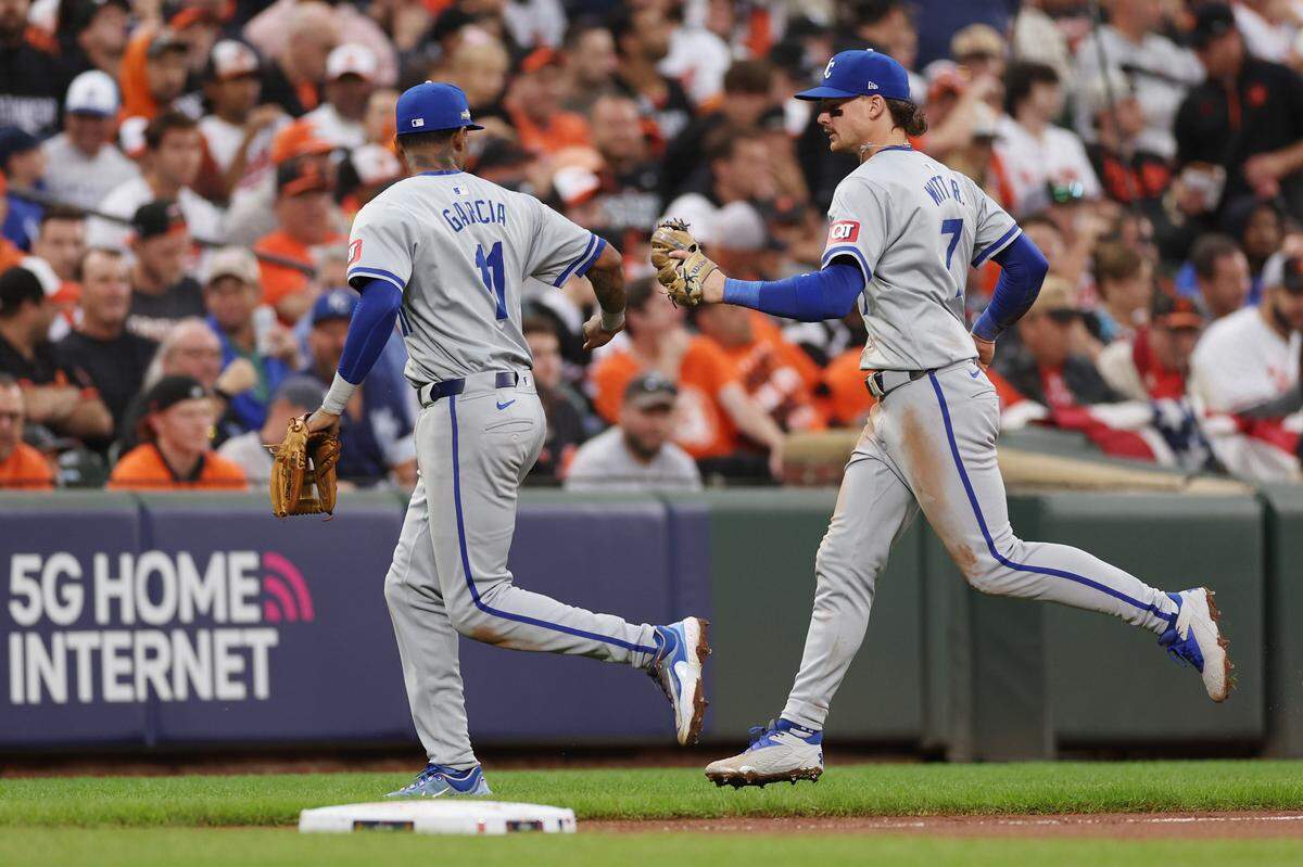 BALTIMORE, MARYLAND - OCTOBER 01: Maikel Garcia #11 and Bobby Witt Jr. #7 of the Kansas City Royals high five after recording the final out of the seventh inning against the Baltimore Orioles of Game One of the Wild Card Series at Oriole Park at Camden Yards on October 01, 2024 in Baltimore, Maryland. (Photo by Patrick Smith/Getty Images)