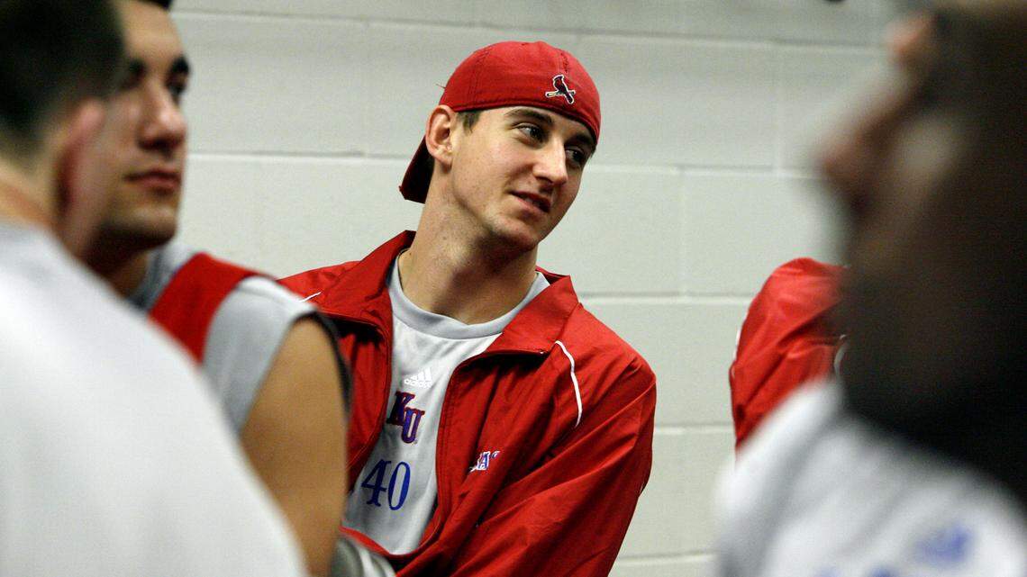Walk-on Brad Witherspoon joined the rest of his Kansas Jayhawks men’s basketball teammates in the locker room while the press conducted interviews during the 2007 NCAA Tournament.