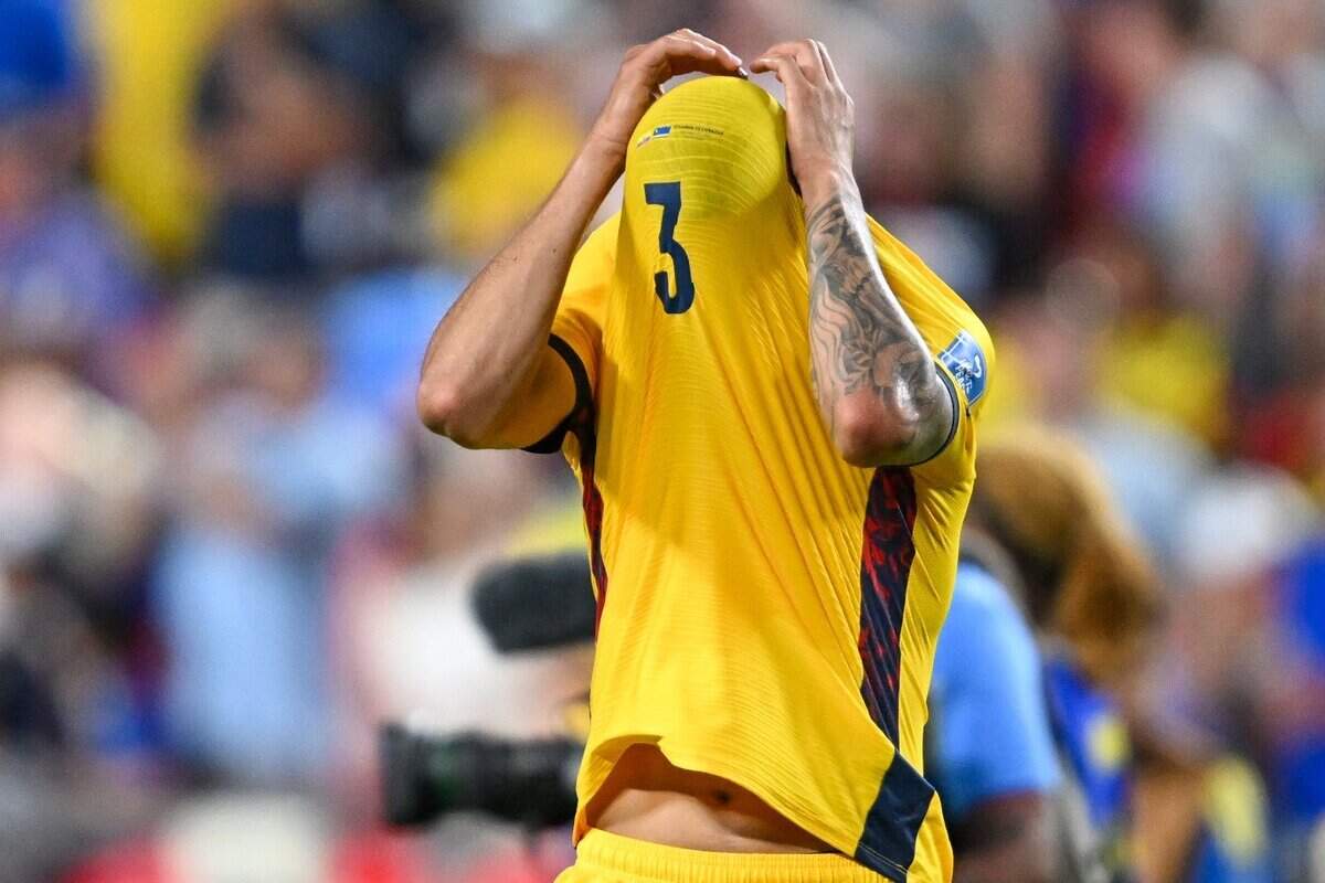 Ecuador defender Piero Hincapié (3) hides is face in frustration over the team's 0-0 draw against Curaçao FIFA World Cup group-stage soccer match at Kansas City (Arrowhead) Stadium in Kansas City on Saturday, June 20, 2026.