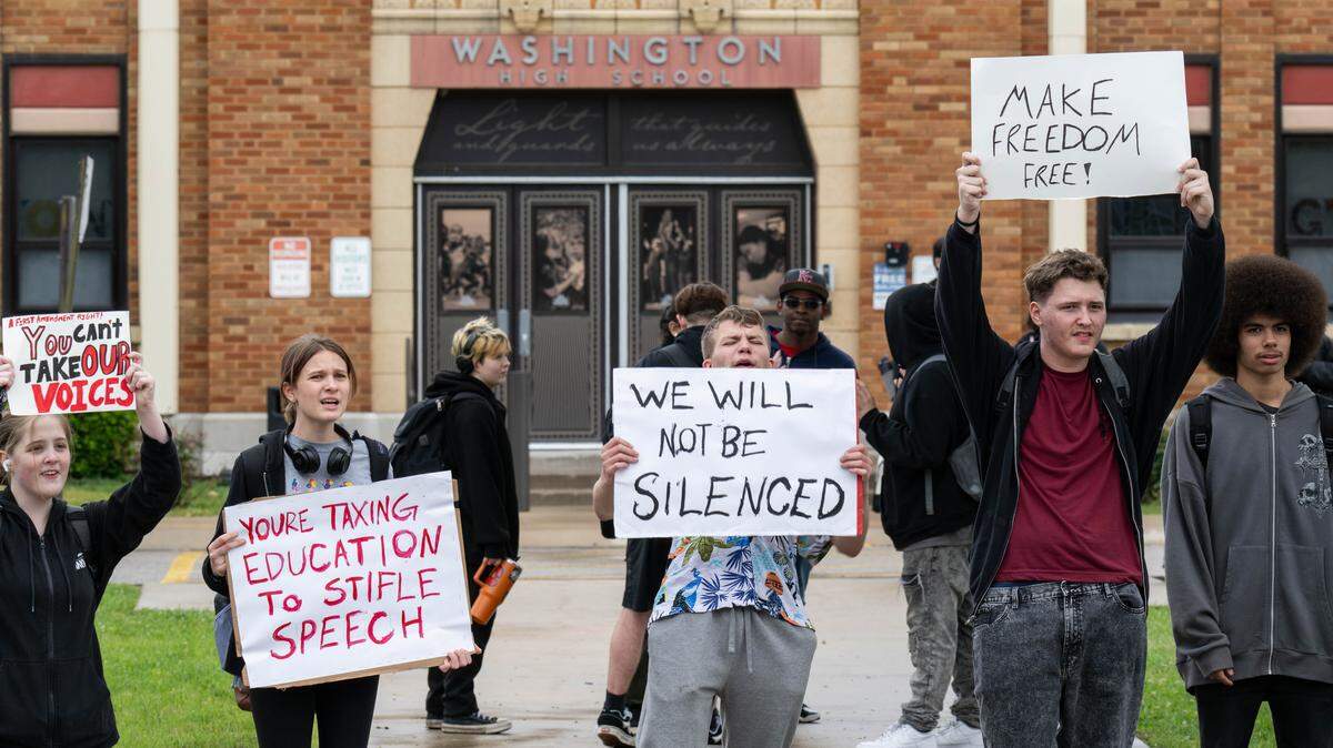 Washington High School students stage a walkout, protesting the recent Kansas legislation fining school districts for student activism, on Tuesday, May 5, 2026, in Kansas City.