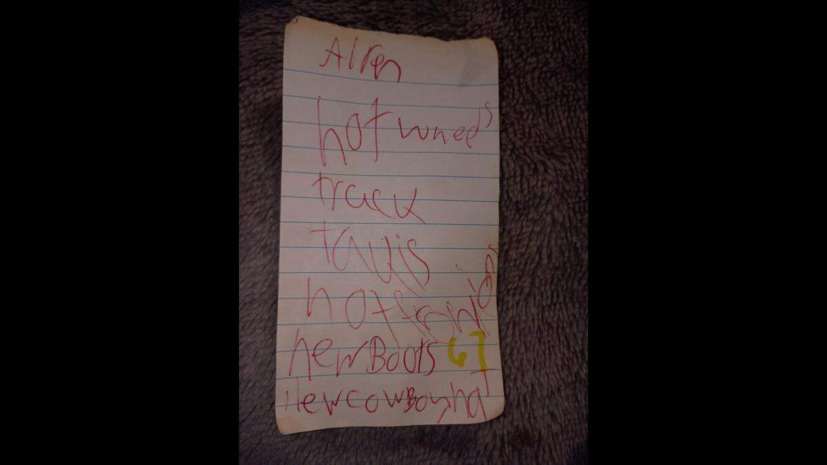 Airen Andula’s last Christmas wish list is seen in this submitted photo. His mother Anita Gunn found the list on her fridge after Airen was found dead Monday, Dec. 22, 2025. Airen’s death is under investigation.
