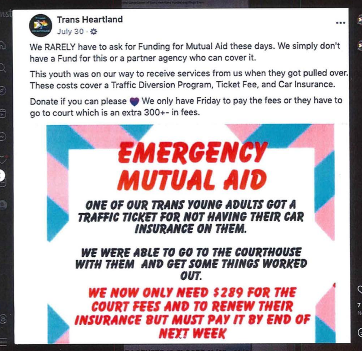 A copy of a now-deleted social media post from Trans Heartland seeking donations. The Kansas Attorney General’s Office is now suing the group, alleging its executive director misused contributions.