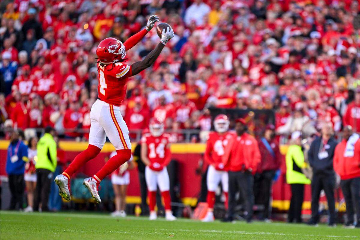 Chiefs wide receiver Rashee Rice makes a leaping catch against the Indianapolis Colts during an NFL Week 12 game at GEHA Field at Arrowhead Stadium in Kansas City on Sunday, Nov. 23, 2025.