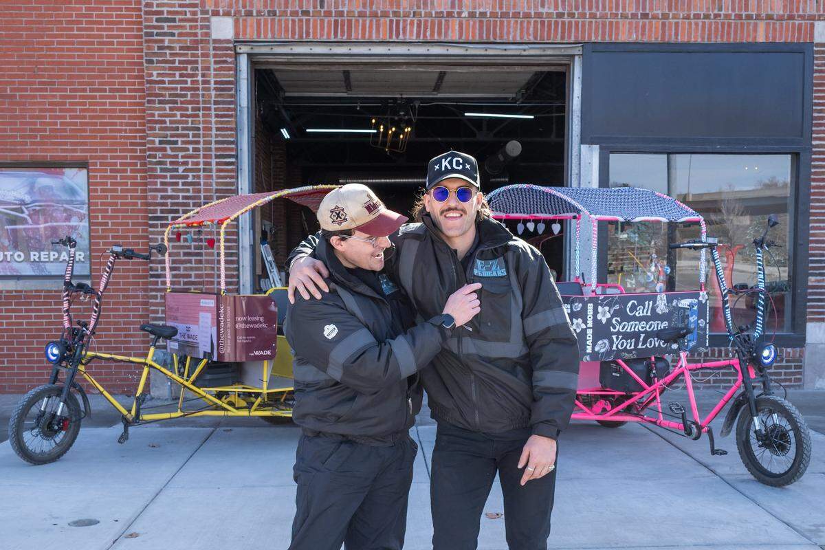 Mark Madden and Atticus Sloan, owners of E-Z Pedicabs, Kansas City's only ride-share pedicab service, on Monday, February 9, 2026. Sloan and Madden started their business nnearly two years ago after becoming inspired while visiting other cities that offered a similar service. The duo anticipates their services being at a premium for visitors in town for the World Cup.