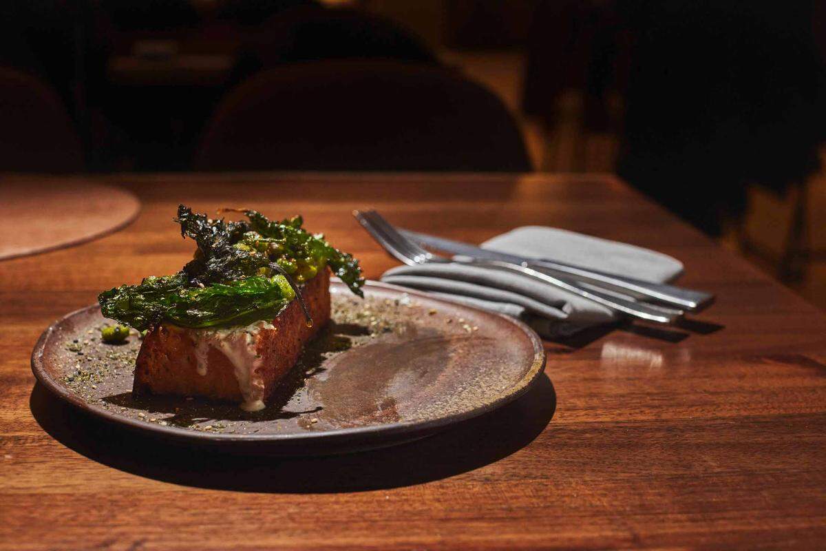 The edamame toast at Nōka is served on a flavorful kimchi sourdough.
