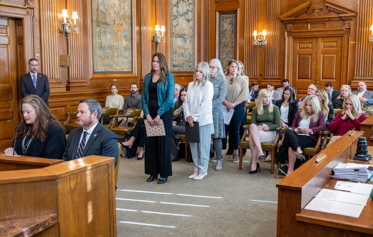 People stand in line to testify during a hearing for Senate Bills 589 and 590 on Wednesday, March 26, 2025, at the Missouri Capitol in Jefferson City. The proposed legislation would aim to remove the statute of limitations for child sexual abuse lawsuits and prohibit the use of non-disclosure agreements in related settlements.