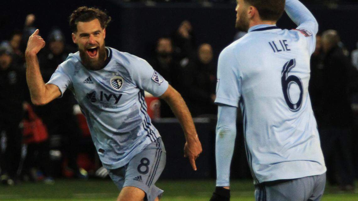 Graham Zusi and Ilie Sanchez (right) celebrated during Sporting KC’s win against Toluca in the opening round of the CCL.