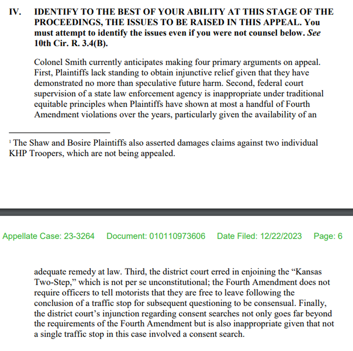 A docketing statement previews the arguments the Kansas Highway Patrol will make in appealing a ruling against its “two step” traffic stop tactic.