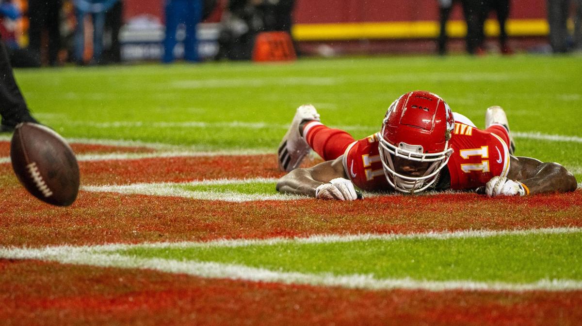 Kansas City Chiefs wide receiver Marquez Valdes-Scantling (11) lays on the ground after dropping a pass in the fourth quarter during an NFL football game against the Philadelphia Eagles at GEHA Field at Arrowhead Stadium on Monday, Nov. 20, 2023, in Kansas City.