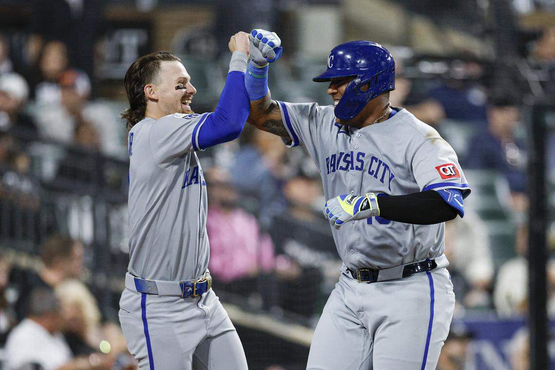 Aug 27, 2025; Chicago, Illinois, USA; Kansas City Royals catcher Salvador Perez (13) celebrates with shortstop Bobby Witt Jr. (7) after hitting a solo home run against the Chicago White Sox during the fifth inning at Rate Field. Mandatory Credit: Kamil Krzaczynski-Imagn Images