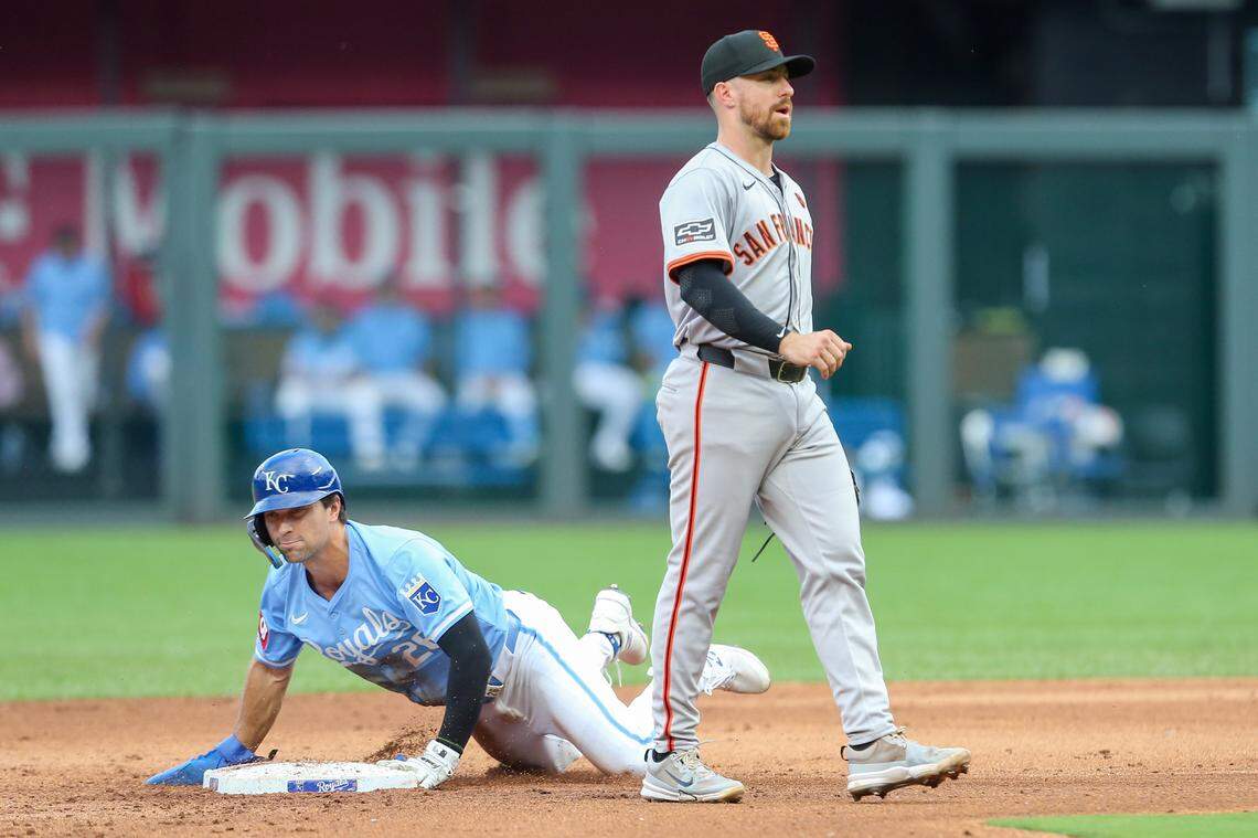 Kansas City Royals second baseman Adam Frazier (26) slides easily into second base during the bottom of the fifth inning against the San Francisco Giants at Kauffman Stadium on Sep 21, 2024 in Kansas City, Missouri, USA.