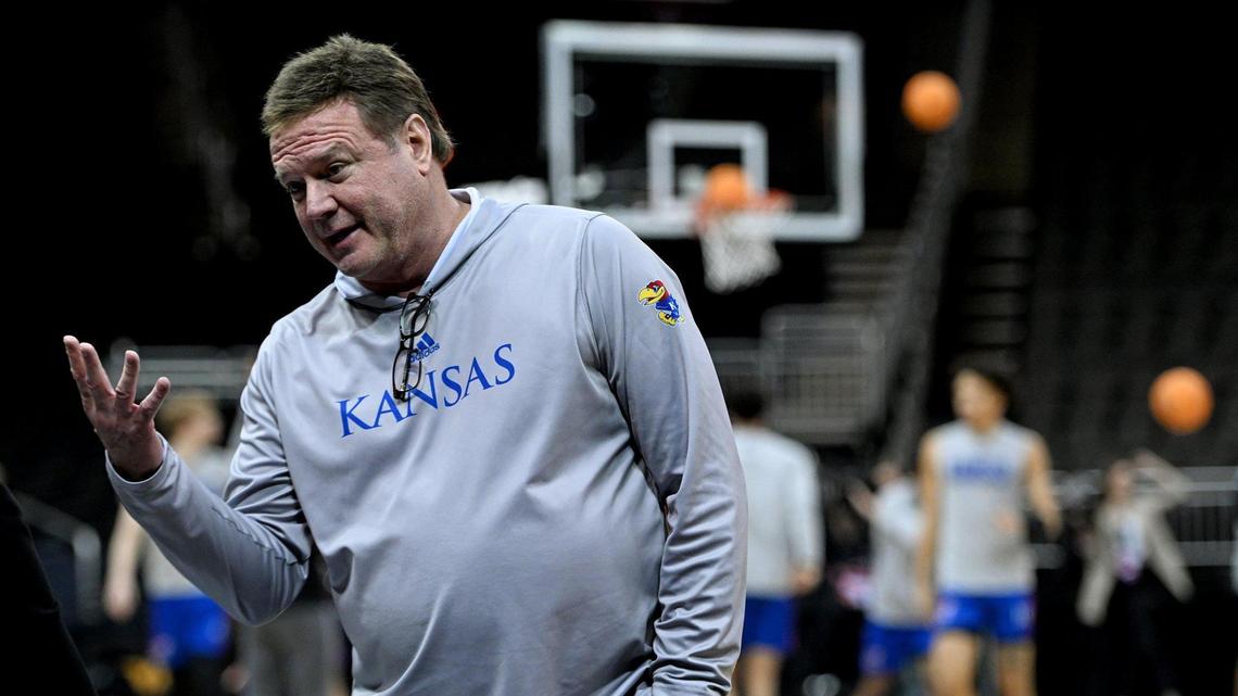 Kansas coach Bill Self during the Jayhawks’ practice session Wednesday at the Big 12 Tournament.
