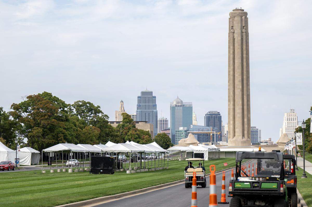 Tents line the grounds outside the National WWI Museum and Memorial on Tuesday, Sept. 30, 2025 in Kansas City, ahead of pop singer Chappell Roan's concert Visions of Damsels and Other Dangerous Things.