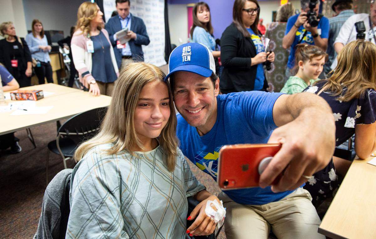 Paul Rudd took a selfie with Children’s Mercy Hospital patient Ava Hawn, 14, Leawood, during a promotional event at Children’s Mercy for the 2019 Big Slick celebrity auction.
