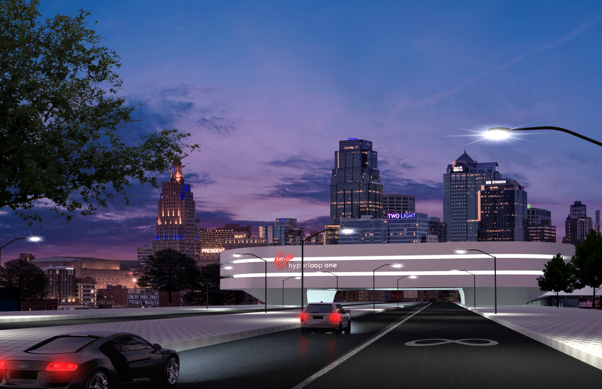 Virgin Hyperloop One released this rendering of what a hyperloop terminal might look like near downtown Kansas City.