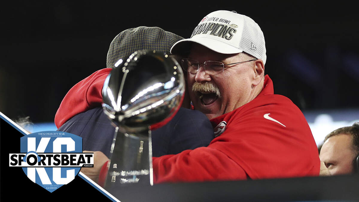 Kansas City Chiefs head coach Andy Reid hugs Terry Bradshaw on stage after the NFL Super Bowl 54 football game between the San Francisco 49ers and Kansas City Chiefs Sunday, Feb. 2, 2020, in Miami Gardens, Fla. The Kansas City Chiefs won 31-20. (AP Photo/Steve Luciano)