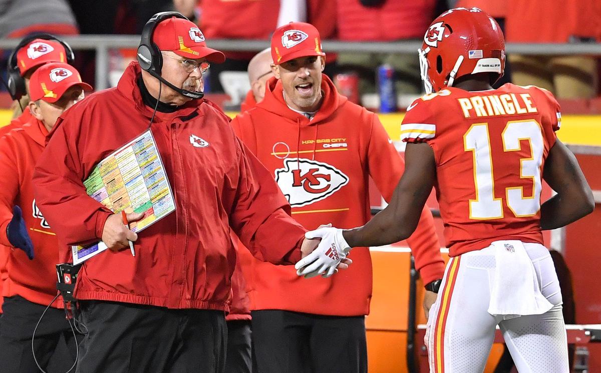 Chiefs coach Andy Reid, left, will get a better idea of his roster for the 2022 season once free agency begins on March 16.
