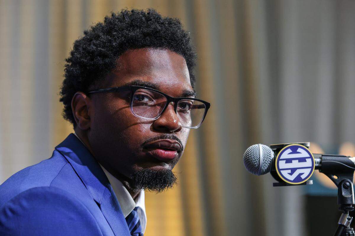 Missouri Tigers safety Daylan Carnell answers questions from the media during SEC Media Days at the Omni Atlanta Hotel in Atlanta on Thursday, July 17, 2025.