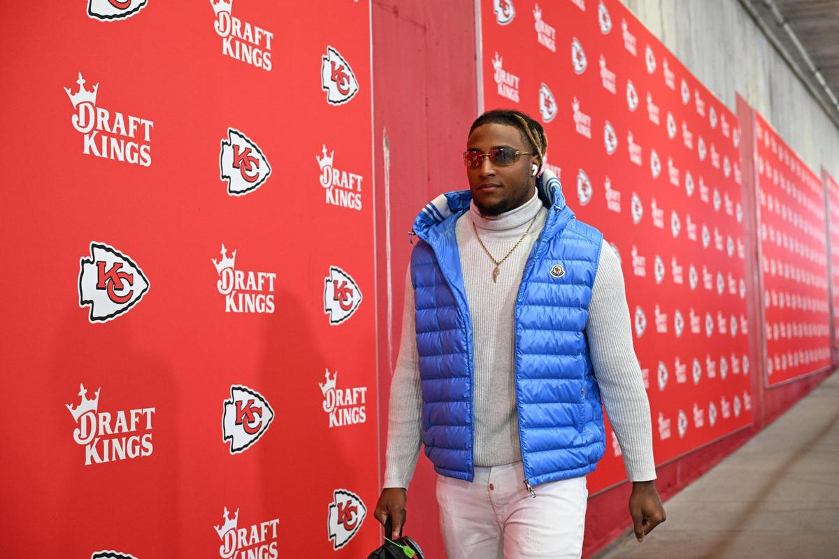 Safety Justin Reid in a puffer vest by luxury brand Moncler.
