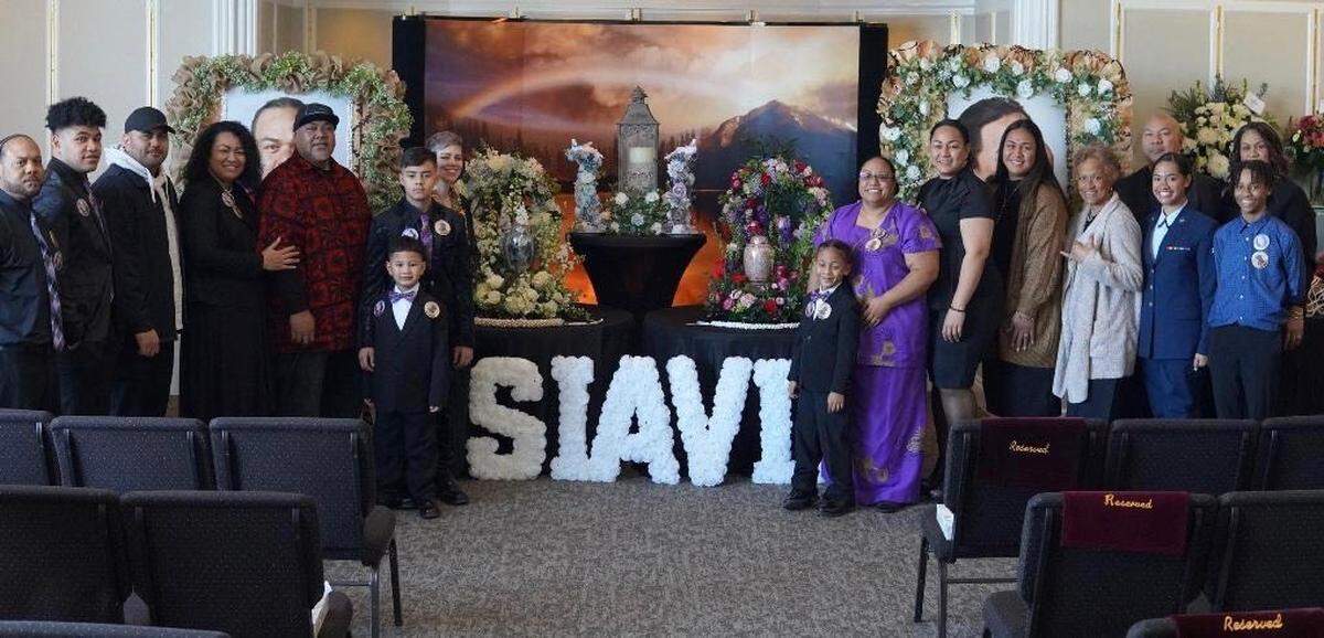 The Siavii family at the February 2022 funeral service for Junior and his sister Kathleen. From left: Brian Conn, Sa’ousoali’i Siavii IV, Dayne Faletoi, Rezetta Siavii, Clifton Moa, Zeus Siavii, Michael Siavii, Danielle Siavii, Maddox Siavii-Conn, Tamara Moa, Fiamaua Siavii, Wendy Siavii, Luava’a Faletoi, Oriana Siavii, Robert Siavii, Brian Conn Jr, Ko’a Siavii