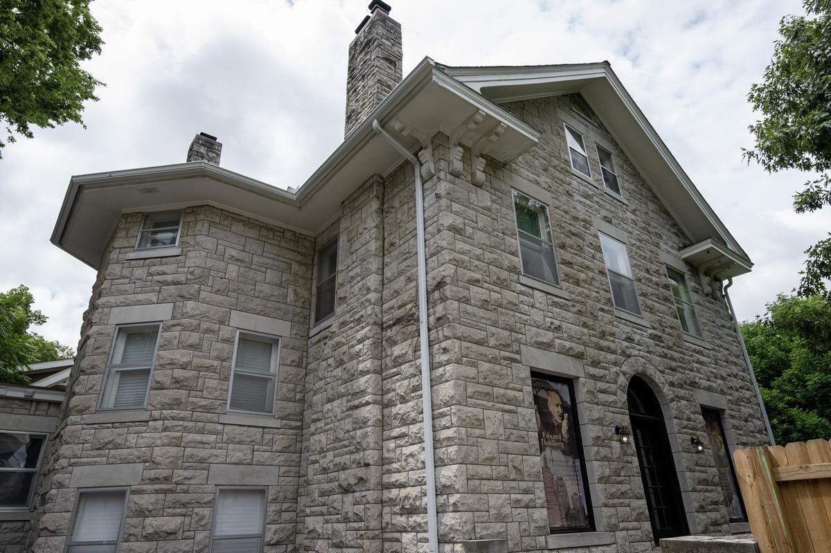 The rear exterior of the historic Valentine Castle at 3607 Pennsylvania Ave. shows the stonework of the building built more than 100 years ago.