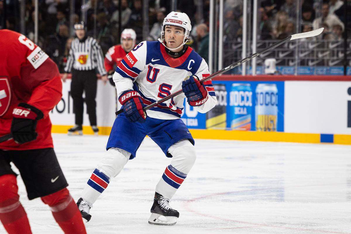 Clayton Keller of USA during the 2025 Ice Hockey World Championship match between Switzerland and USA at Avicii Arena on May 25, 2025 in Stockholm, Sweden.