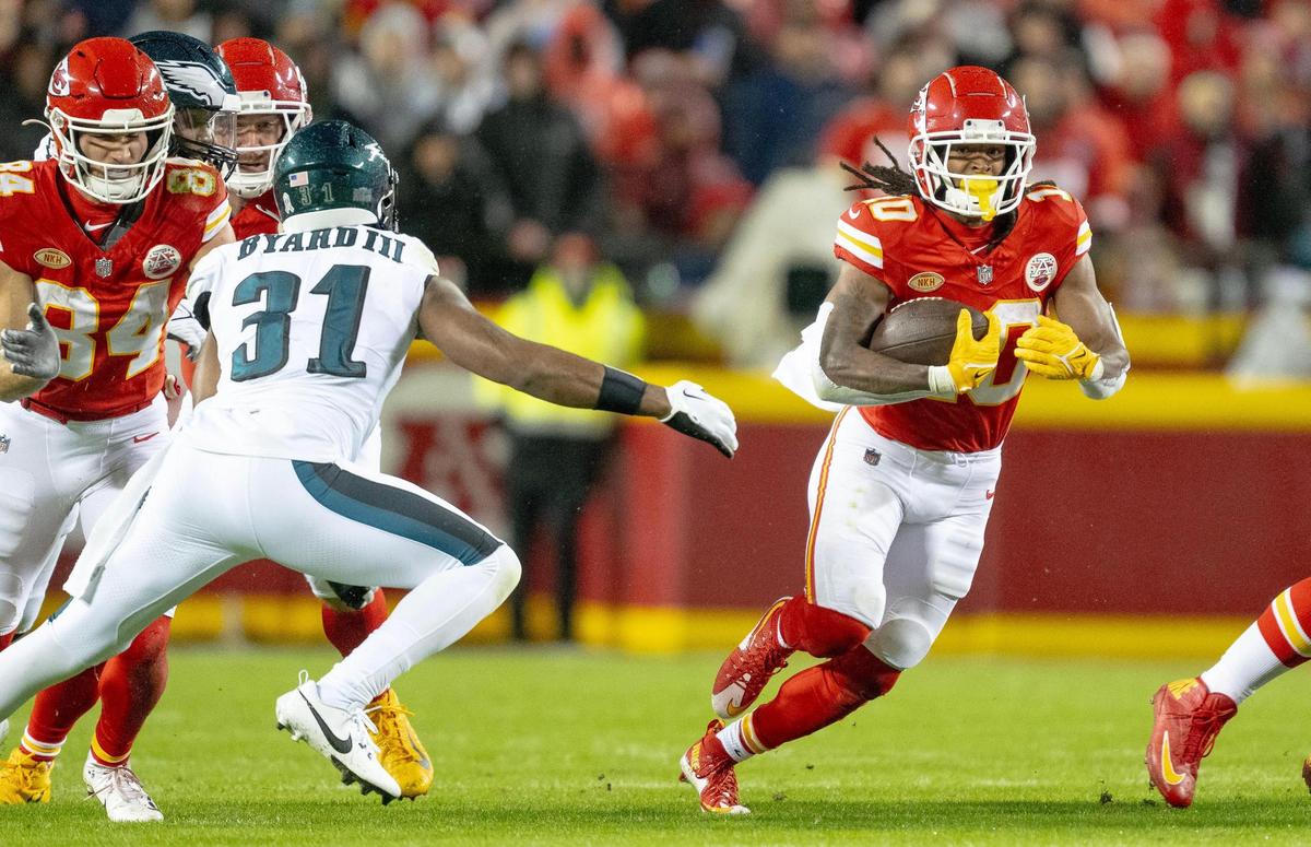 Kansas City Chiefs running back Isiah Pacheco (10) runs the ball past Philadelphia Eagles safety Kevin Byard (31) during an NFL football game on Monday, Nov. 20, 2023, at GEHA Field at Arrowhead Stadium in Kansas City.