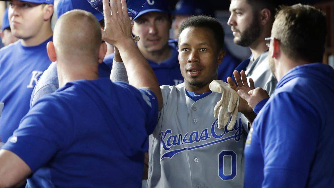 Royals speedster Terrance Gore celebrates with teammates after scoring on a single by Adalberto Mondesi during the third inning of a recent game against the Yankees.