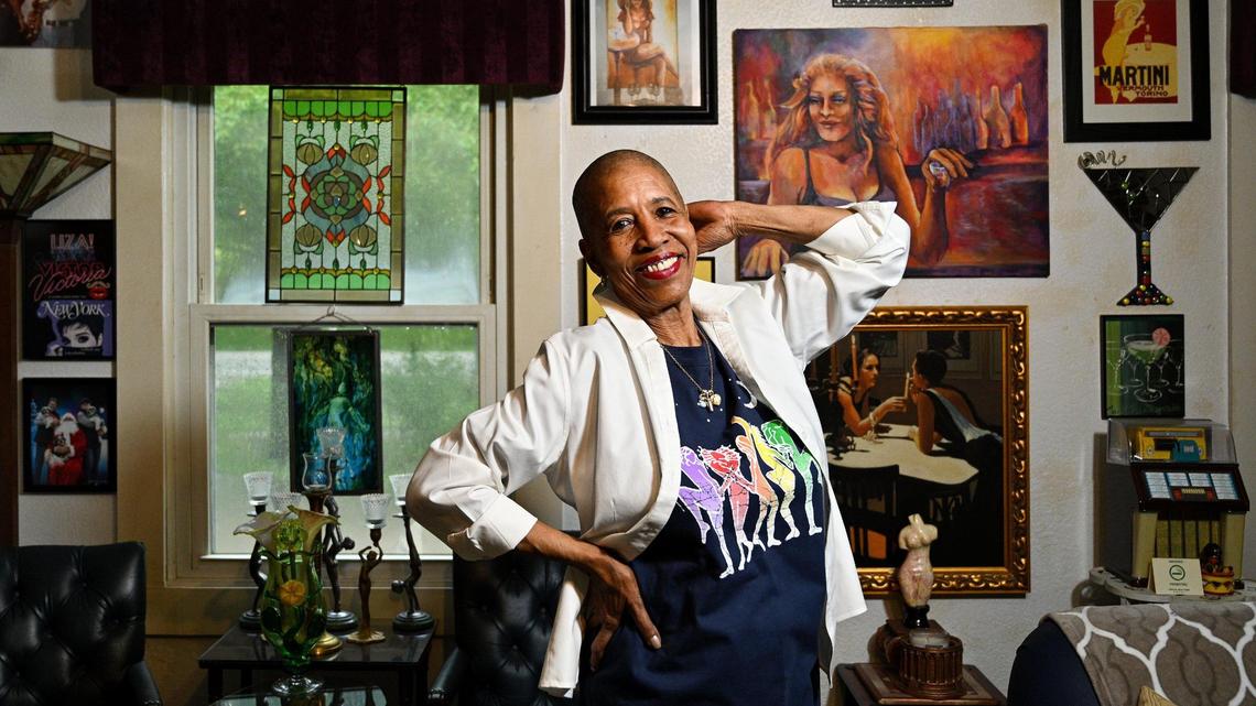 Lea Hopkins, 78, was the driving force behind Kansas City’s first Pride March in 1977. Hopkins, a former model in New York, shows off the shirt she chose to wear during a Pride festival.