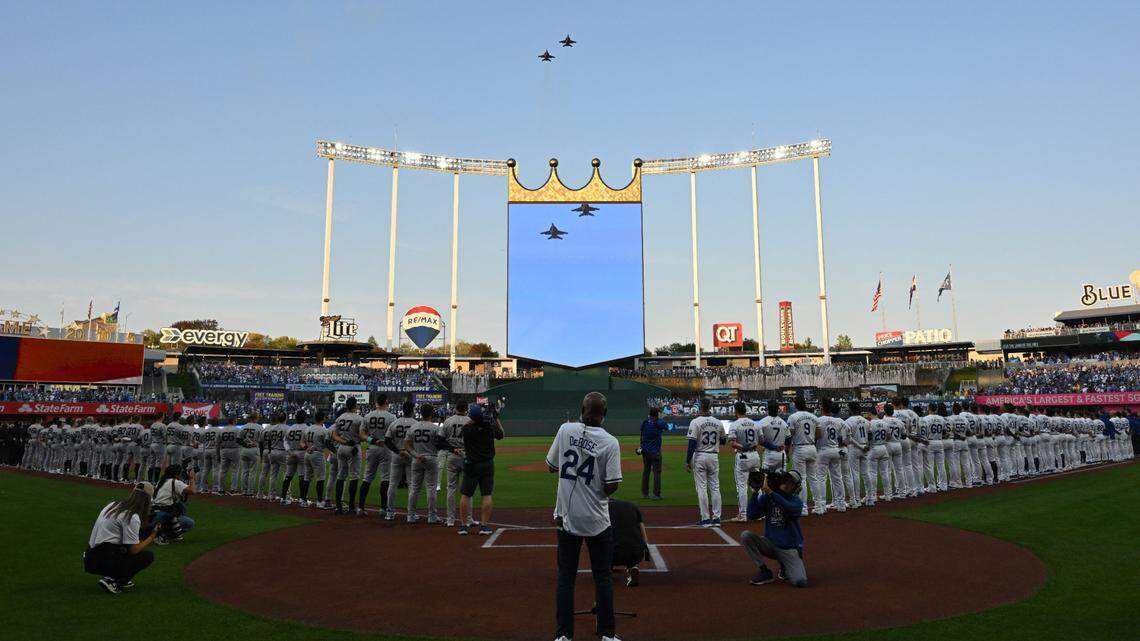 A general view of the flyover before the Kansas City Royals faced the New York Yankees in Game 3 of the ALDS at Kauffman Stadium on Oct. 9, 2024.