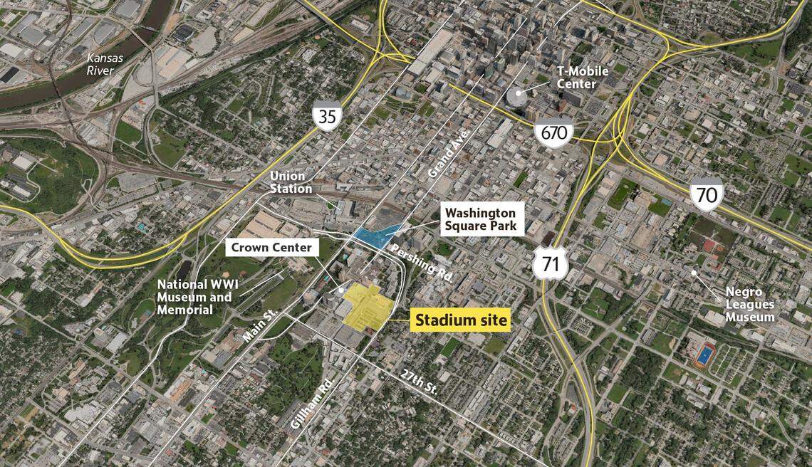 A map shows highways and landmarks around the proposed stadium site.
