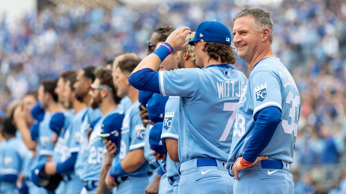 Kansas City Royals manager Matt Quatraro, at right, stands with his players before this year’s opening day game against the Minnesota Twins at Kauffman Stadium on March 30, 2023.