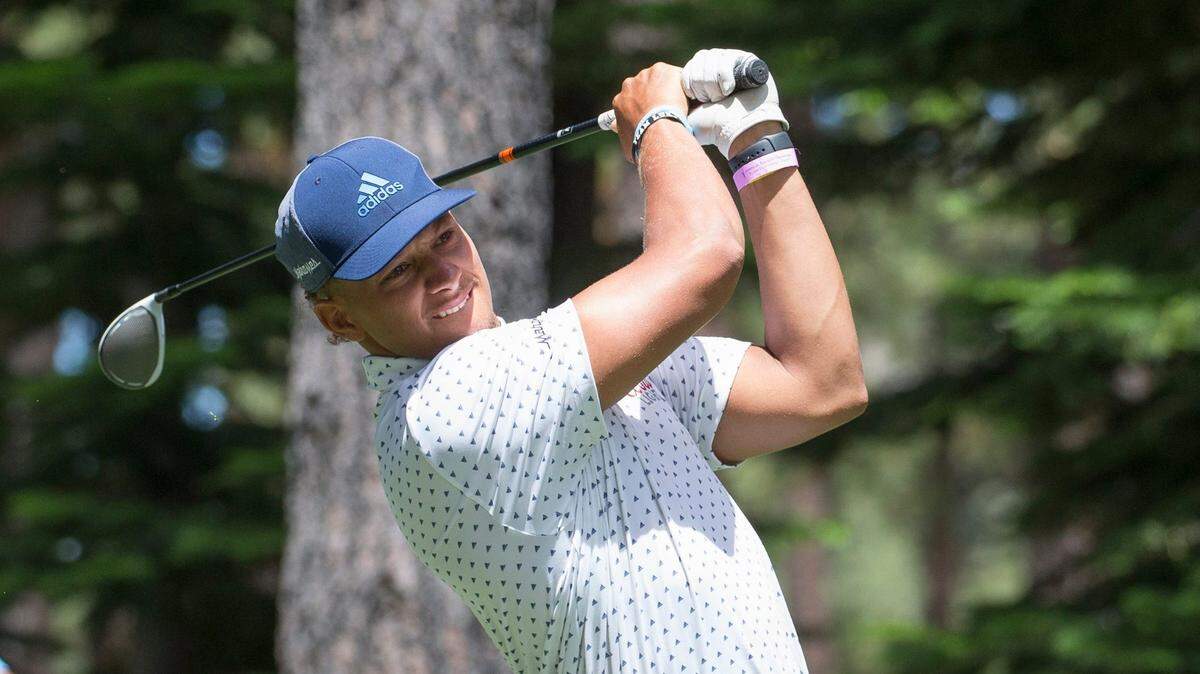 Patrick Mahomes hits a tee shot during the ACC Golf Tournament at Edgewood Tahoe Golf Course in South Lake Tahoe on Friday, July 10, 2020.