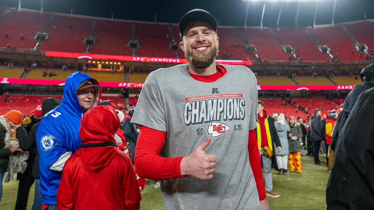 Kansas City Chiefs place kicker Harrison Butker (7) celebrates the teams’ 32-29 win over the Buffalo Bills to claim the AFC Championship on Sunday, Jan. 26, 2025, at GEHA Field at Arrowhead Stadium.