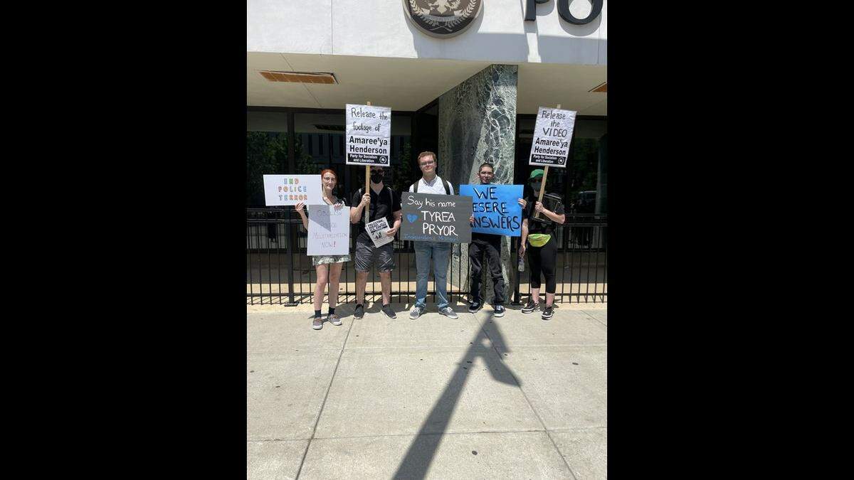 Protesters gathered outside KCKPD headquarters at the intersection of 7th and Minnesota Avenue Saturday afternoon to ask for greater transparency in the investigation of police shootings around the metro area. The event was held by the advocacy group Justice for Wyandotte. Pictured from left to right: Ashley Beck, Mitch Shiller, Ryan Minor, Sebastian Scott and Lindsey Carroll.