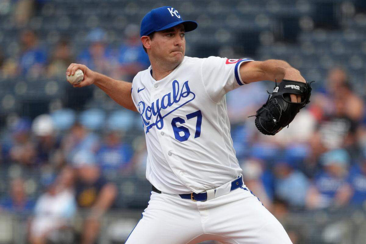 Royals pitcher Seth Lugo works against the Boston Red Sox during the first inning of a game at Kauffman Stadium in Kansas City on Monday, May 18, 2026.