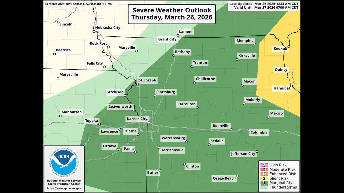 Showers and thunderstorms may develop along and behind a strong cold front expected to move through the Kansas City region on Thursday, according to the National Weather Service. The risk of severe weather is low, but a few strong storms may develop, with hail and damaging winds possible with the strongest storms.