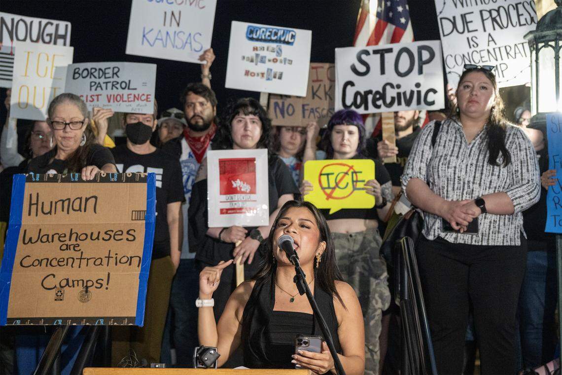 Yazmin, a regional resident and a DACA recipient, addressed supporters after the Leavenworth city commission approved a zoning permit Tuesday, March 10, 2026, that allows a private prison company, CoreCivic, to reopen its shuttered prison on the outskirts of town as an ICE detention center. 