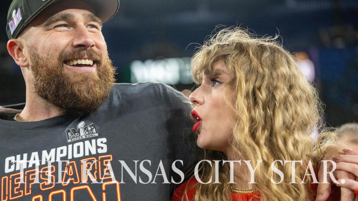 Kansas City Chiefs tight end Travis Kelce (87) and pop star Taylor Swift walk on the field after the Kansas City Chiefs defeated the Baltimore Ravens 17-10 in the AFC Championship Game at M&T Bank Stadium on Sunday, Jan. 28, 2024, in Baltimore.