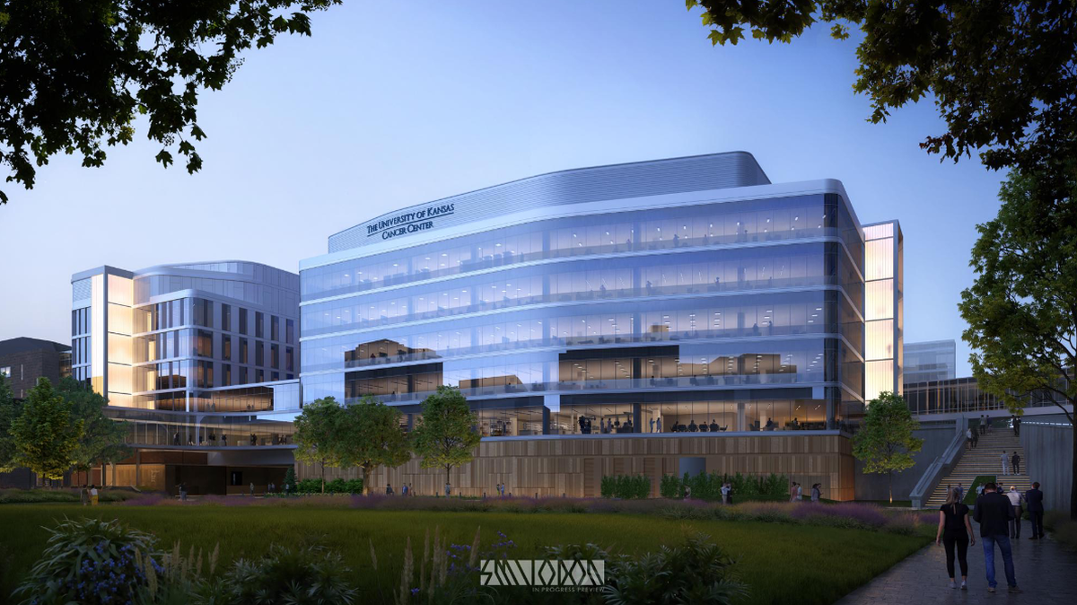 Rendering of the KU Cancer Center’s new building, set for 2027 completion.