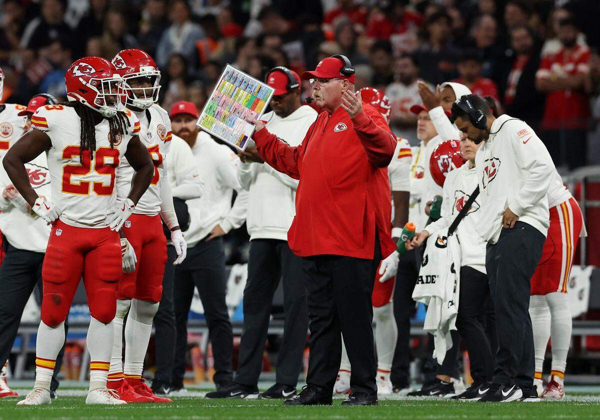 Chiefs coach Andy Reid reacts to a call in the second half during Kansas City’s NFL season-opening game against the Los Angeles Chargers at Corinthians Arena in Sao Paulo, Brazil, on Friday, Sept. 5, 2025.