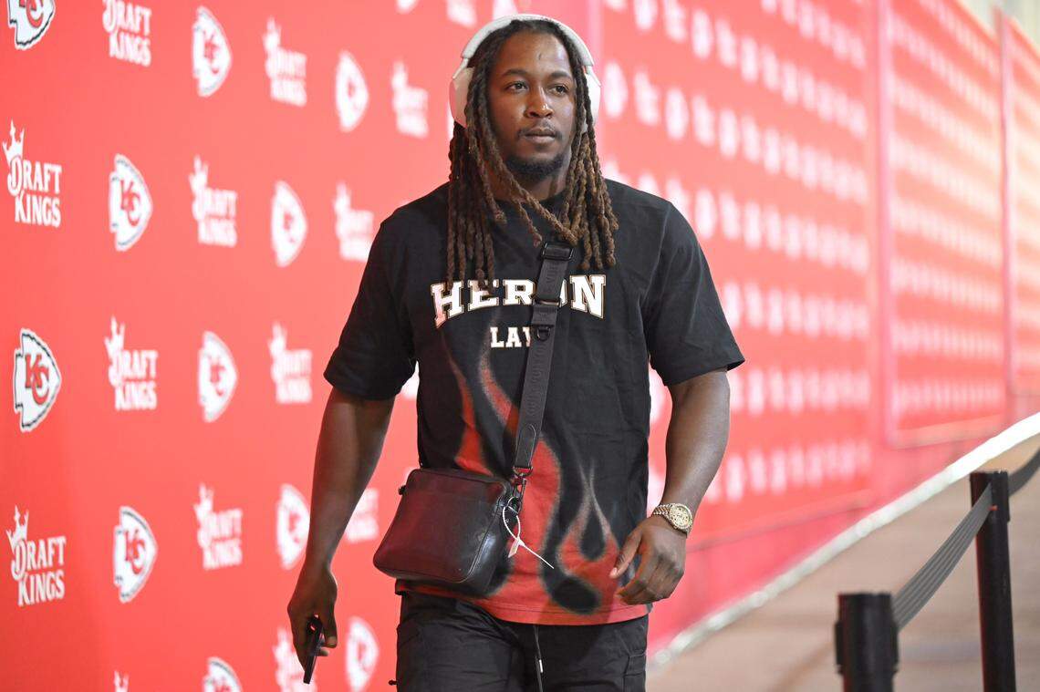 Kansas City Chiefs running back Kareem Hunt arrives to play the New Orleans Saints on Monday, Oct. 7, 2024, at GEHA Field at Arrowhead Stadium.