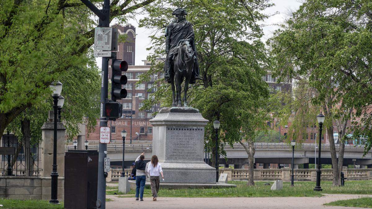 The George Washington Memorial is seen from East Pershing Road on Wednesday, April 15, 2026, in Kansas City.