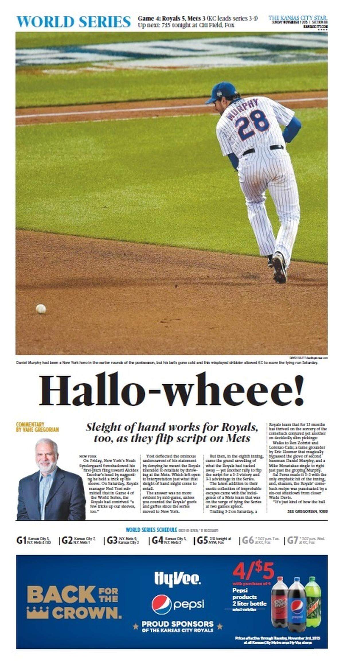 The front page of The Kansas City Star sports section the day after the Royals beat the Mets in Game 4 of the World Series on Oct. 31, 2015.