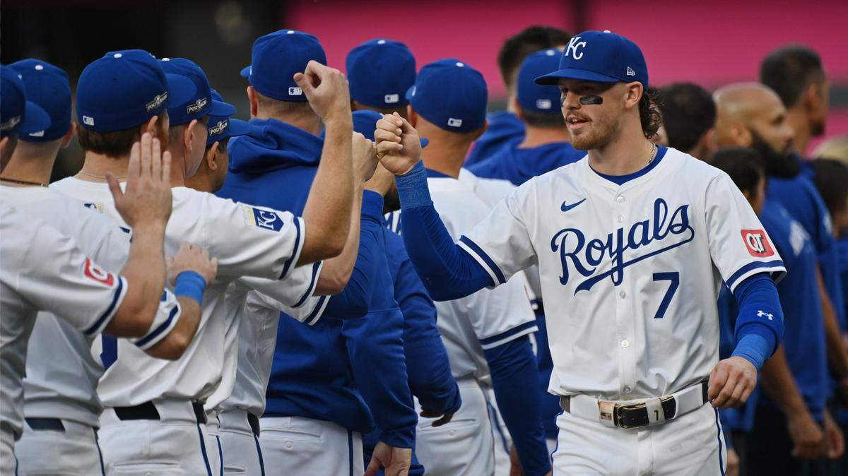 Kansas City Royals shortstop Bobby Witt Jr. (7) is introduced before the game against the New York Yankees during Game 3 of the ALDS at Kauffman Stadium on Oct. 9, 2024.