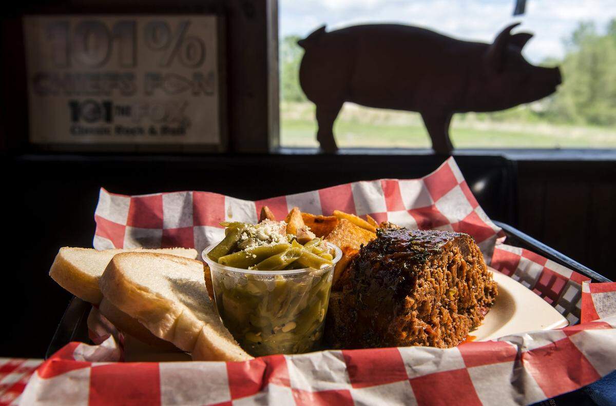 The BBQ meatloaf, a blend of smoked beef brisket and ground beef with sweet barbeque sauce, served with skillet fries and green beans, available at BB’s Lawnside BBQ, 1205 E. 85th Street in Kansas City