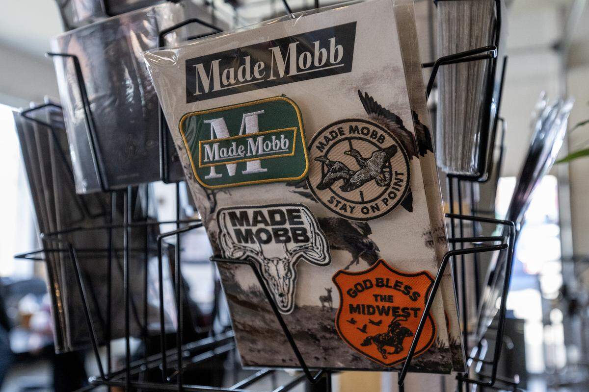 Made Mobb patches are displayed on a rack on Wednesday, March 18, 2026, in Kansas City.