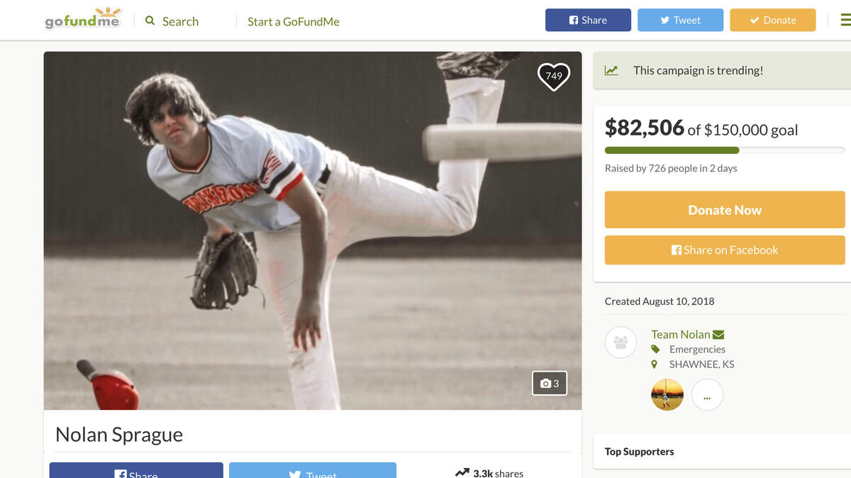 A GoFundMe page for Mill Valley High School senior Nolan Sprague raised more than $82,000 as of Sunday. Nolan, a pitcher on the school’s baseball team, was severely injured in a diving accident last week.