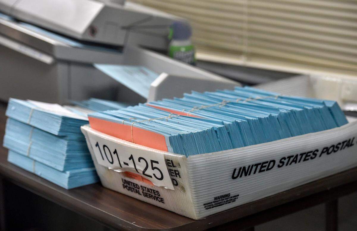 Mail-in ballot envelopes at the Johnson County Election Office in Olathe.